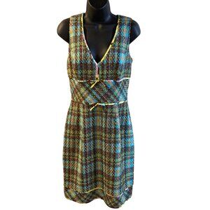 Kay Unger Blue and Brown Plaid Midi Dress